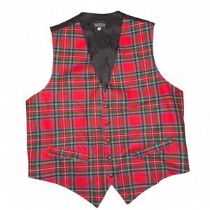 Ingles Buchan 100% Wool Tartan Vest Red Plaid Scotland Made Size 46 Waistcoat